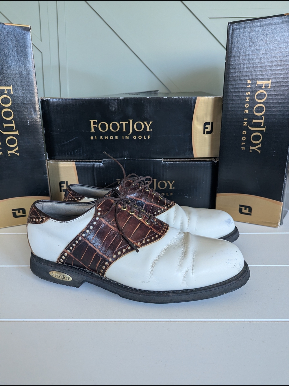 FootJoy White and Brown Croc-Accent Saddle Golf Oxfords